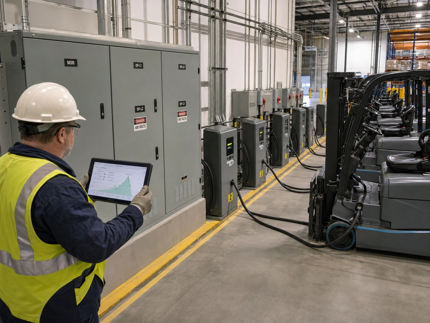 Industrial electrical distribution panel and high-power charging infrastructure for lithium battery forklift fleets facing utility demand charges Industrial electrical distribution panel and high-power charging infrastructure for lithium battery forklift fleets facing utility demand charges